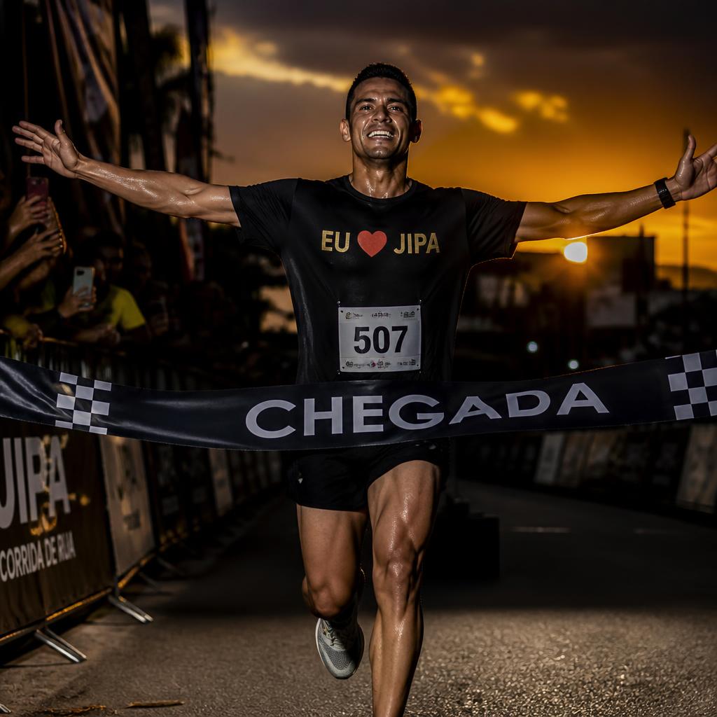 Atleta da Corrida Eu Amo Jipa cruzando a linha de chegada